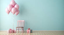 Pastel Color Room Fill With Baloons And Presents.