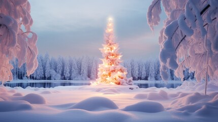 Wall Mural - Magical shining Christmas tree in a winter heavily snow-covered forest. AI Generation 