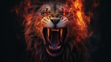 Image Of An Angry Lion And Flames Wildlife Animals Generative Ai