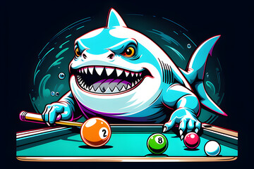 Wall Mural - A cartoon illustration of a shark playing pool billiards