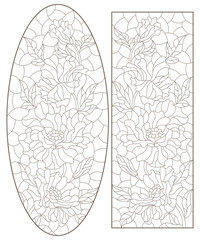 Wall Mural - Set of contour stained glass illustrations with poppies  flowers  , dark contours on white background