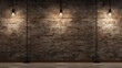 brick wall background with lights and decorated tables and chairs