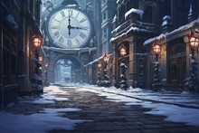 A Wintry Street With A Building, A Sideways Clock, A Pedestrian, And A Snow-covered Sidewalk. Generative AI