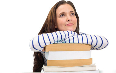 Canvas Print - Digital png photo of pensive caucasian woman with books looking ahead on transparent background