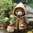 A crocheted teddy bear wearing a coat and hat
,A crocheted teddy bear wearing a yellow jacket