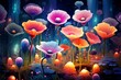 Vibrant digital artwork featuring a surreal flower garden. Generative AI