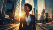 © Kwangvann Ztudio - Successful black businesswoman standing in big city Modern skyscraper road at sunset Think of a successful vision. Dreaming of new investment opportunities. Generative AI