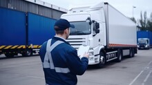 A Male Worker Wearing A White Ondown Shirt With The CrossBorder Logo On The Chest Beige Trousers And Black Boots. He Is Checking The Documentation Of A Truck Driver Passing Through The CrossBorder
