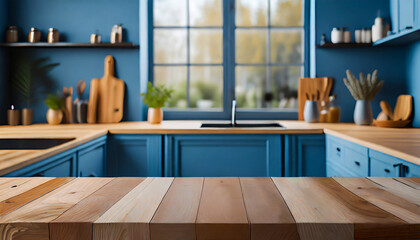 Wooden table top on blur kitchen room background,Modern Contemporary blue kitchen room interior.