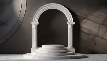 Wall Mural - D background mockup with marble product podium for cosmetics display. White Greek antique columns against a dark wall with an arch. White marble steps behind