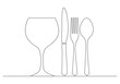 Continuous single line drawing of fork, spoon, knife and glass. Isolated on white background vector illustration. Premium vector. 