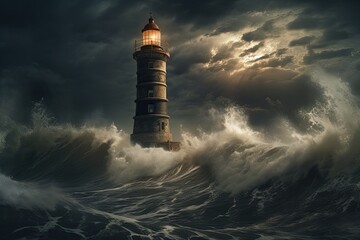 Wall Mural - Stormy sea with stormy waves and lighthouse. 3d rendering, Lighthouse in the storm on the North Sea. 3d rendering, AI Generated