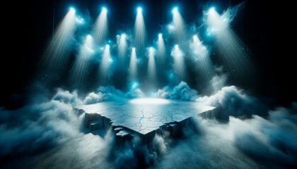 Poster - empty stage with spotlights and smoke. generative ai