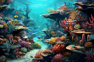  A beautiful scene of lakes, sea, coral reef, and diverse marine organisms. Generative AI