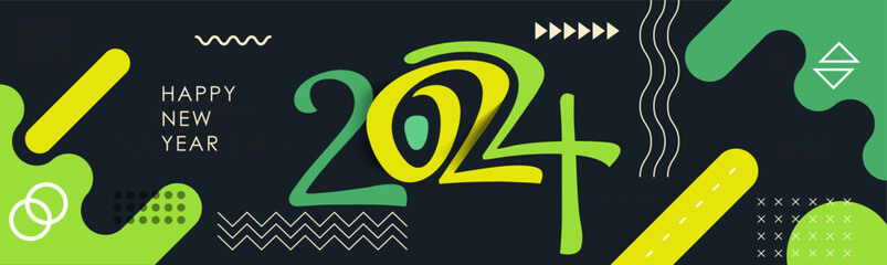 Wall Mural - happy new year 2024 text design with modern calligraphy and dark background style. Creative Greeting card banner for 2024 clean energy colorful vegan green yellow lines. Latest Vector illustration