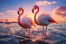 Travel And Resort Banner With Funny Pink Flamingos Standing In Clear Blue Sea With Clear Sunny Sky. Concept Of Summer Vacation, Traveling And Resting On Sea Resort. Banner Size, Copy Space
