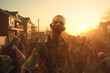 group of zombie at small town street at sunset or sunrise. Neural network generated image. Not based on any actual person, scene or pattern.
