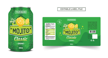 mojito drink can label design lemon peppermint drink label, cocktail label design. soda can vector, 