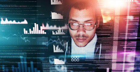 Graphic, hacker and computer for cyber security in the dark for programming, coding or web design. Night, office and a man or programmer with stats overlay for trading or information technology