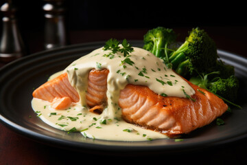 Wall Mural - Jamaican salmon with coconut cream sauce on the black plate close up