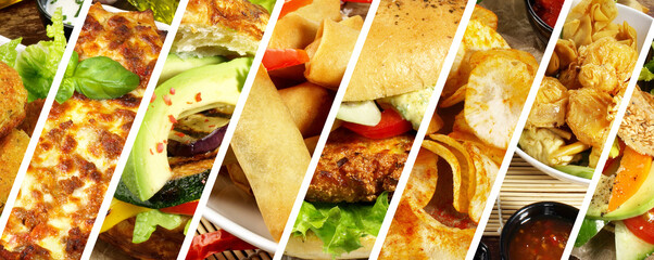 Sticker - Various Vegan Food. Meal Banner with Falafel, Tofu Burger, Chips, Lasagna, Spring Rolls and more. Isolated on white background.