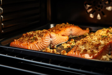 Wall Mural - Crumb topped salmon with spices and herbs baking in the oven close up