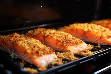 Wall Mural - Crumb topped salmon with spices and herbs baking in the oven close up