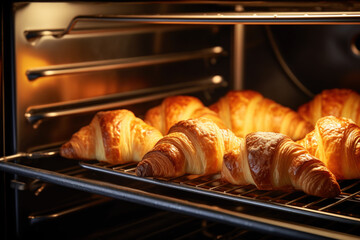 Wall Mural - Fresh croissants baking in the oven close up