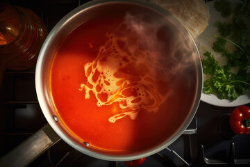 Wall Mural - Tomato soup cooking in the pot on the stove