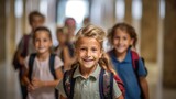 Fototapeta  - Group of young children walking together in friendship, embodying the back-to-school concept on their first day of school