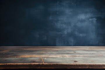 empty wooden table with dark blue grunge wall in the background