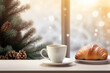 coffee cup and croissant on wood table with christmas tree