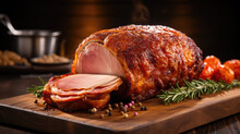 Glazed Sliced Ham On Dinner Table For Thanksgiving Christmas Holiday Dinner,Generative Ai