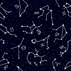 Wall Mural - Seamless pattern of zodiac constellations on night sky. Glowing astrological symbols repeating print. Astrology, horoscope signs, constellations of stars vector illustration