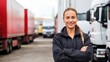 Truck driver occupation. Portrait of woman truck driver in casual clothes standing in front of truck vehicles. Transportation service.