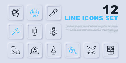 Sticker - Set line Crossed bullet with arrow, Quiver arrows, Walkie talkie, Paw search, Wooden axe, Tourist tent, and Tree icon. Vector