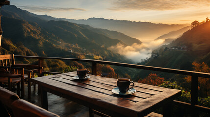 Wall Mural - A cozy scene featuring a small table with coffee on a balcony of a mountain cabin at sunrise. The balcony offers a stunning view of the sun rising over a picturesque mountain valley, with the warm