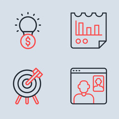 Poster - Set line Document with graph chart, Target financial goal, Video chat conference and Light bulb dollar icon. Vector