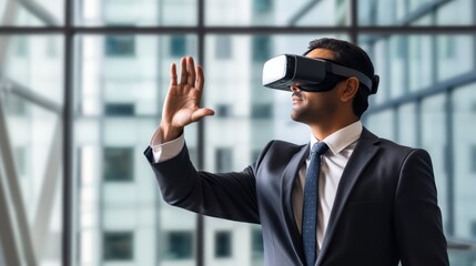 Businessman wearing virtual reality glasses for work in office building VR concept. 