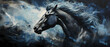 Blue horse in side view, only blue and black, dynamic action style, black background painted with oil paint