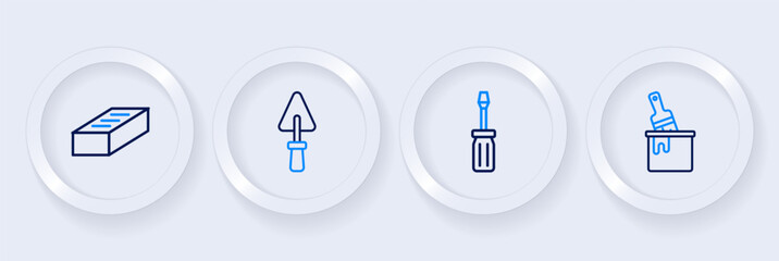 Poster - Set line Paint bucket with brush, Screwdriver, Trowel and Brick icon. Vector