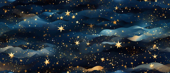 Wall Mural - luxury christmas pattern, abstract starry night illustration, metallic gold and midnight blue