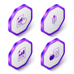 Wall Mural - Set Isometric Diet plan, Wheat, and Calorie calculator icon. Purple hexagon button. Vector