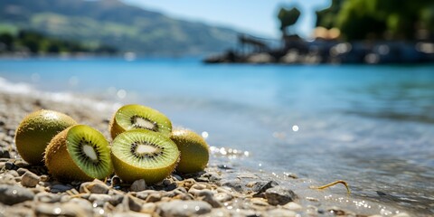 Wall Mural - slices of fresh kiwi fruit on the beach sand background