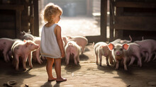 Copy Space, Stockphoto, Cute Little Child Playing Between Cute Piglets In A Stable. Love And Affection Between A Cute Piglets And A Young Child. Toddler Playing Between Piglets. Beautiful Design For A
