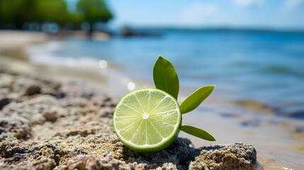 Wall Mural - slices of fresh lime on the beach sand background