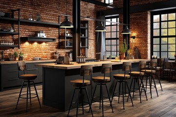 Wall Mural - A kitchen with a bar and stools, AI