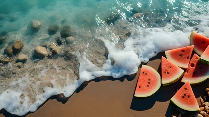 Wall Mural - slices of fresh watermelon on the beach sand background