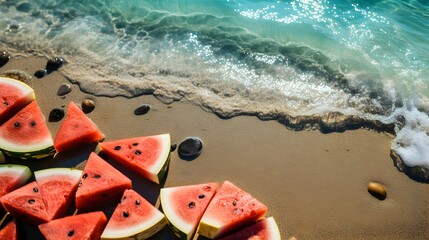 Wall Mural - slices of fresh watermelon on the beach sand background