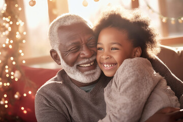 Wall Mural - An elderly man with a little girl in the room. They hug, have fun and rejoice at the meeting. Meeting of granddaughter and her grandfather. Caring for the elderly. Family values.